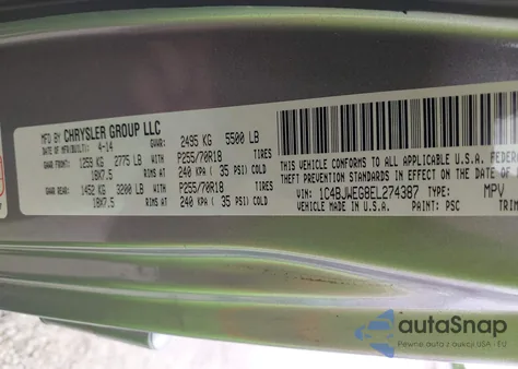 2014 Jeep Wrangler Unlimited Sahara z USA, uszkodzony, nr VIN 1C4BJWEG8EL274387